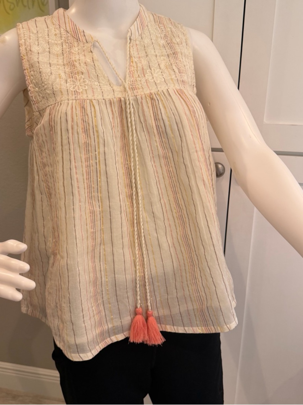 NWT Miss Me Sz S Cream Striped Tassel Camisole with Coral Accents gold threading